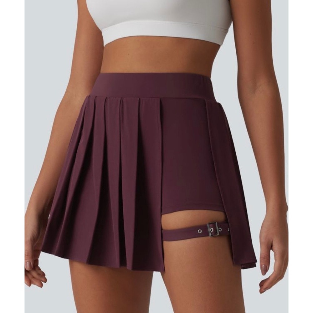 Halara Pleated Buckle Cutout Active Skort Plum Purple Womens Size Medium Reg NEW - Picture 2 of 10